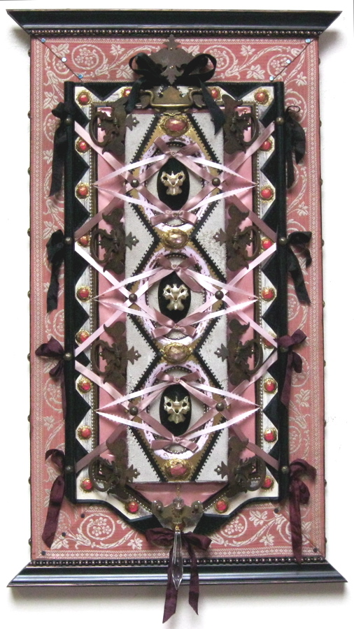 "Vanity" - 2010 - Bone, antique hardware, wood, fabric, ribbon, leather, rhinestones, crystals, glitter, acrylic paint - 16 1/2" x 28" - Available - Message for details