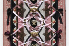 "Vanity" detail - 2010 - Bone, antique hardware, wood, fabric, ribbon, leather, rhinestones, crystals, glitter, acrylic paint - 16 1/2" x 28" - Available - Message for details